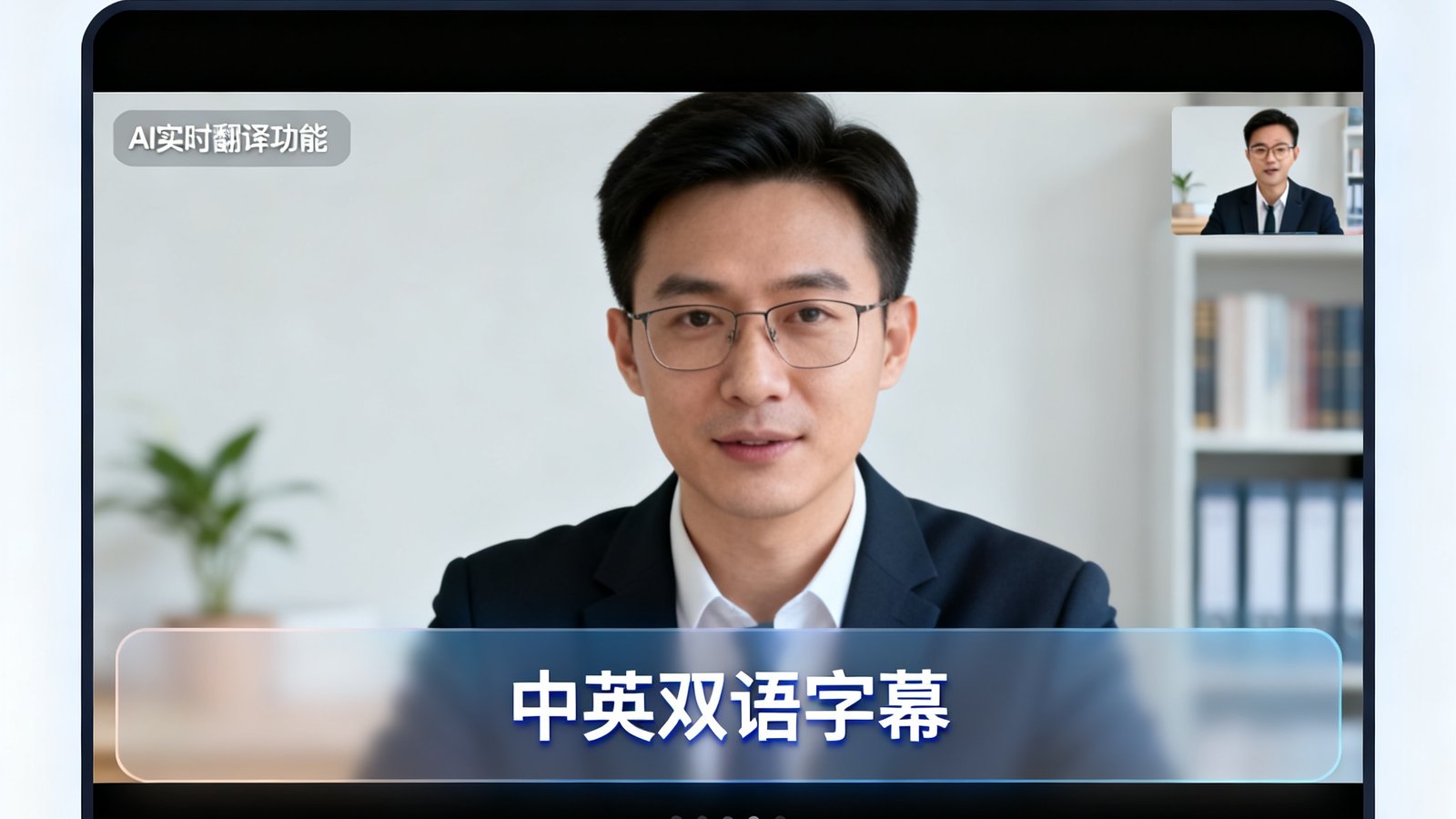 PT视讯V7.2版本AI实时翻译功能的实际界面截图，视频画面下方显示着中英双语字幕，字幕以半透明背景呈现，文字清晰锐利，界面设计简洁现代，配色与整体视频会议UI和谐统一。